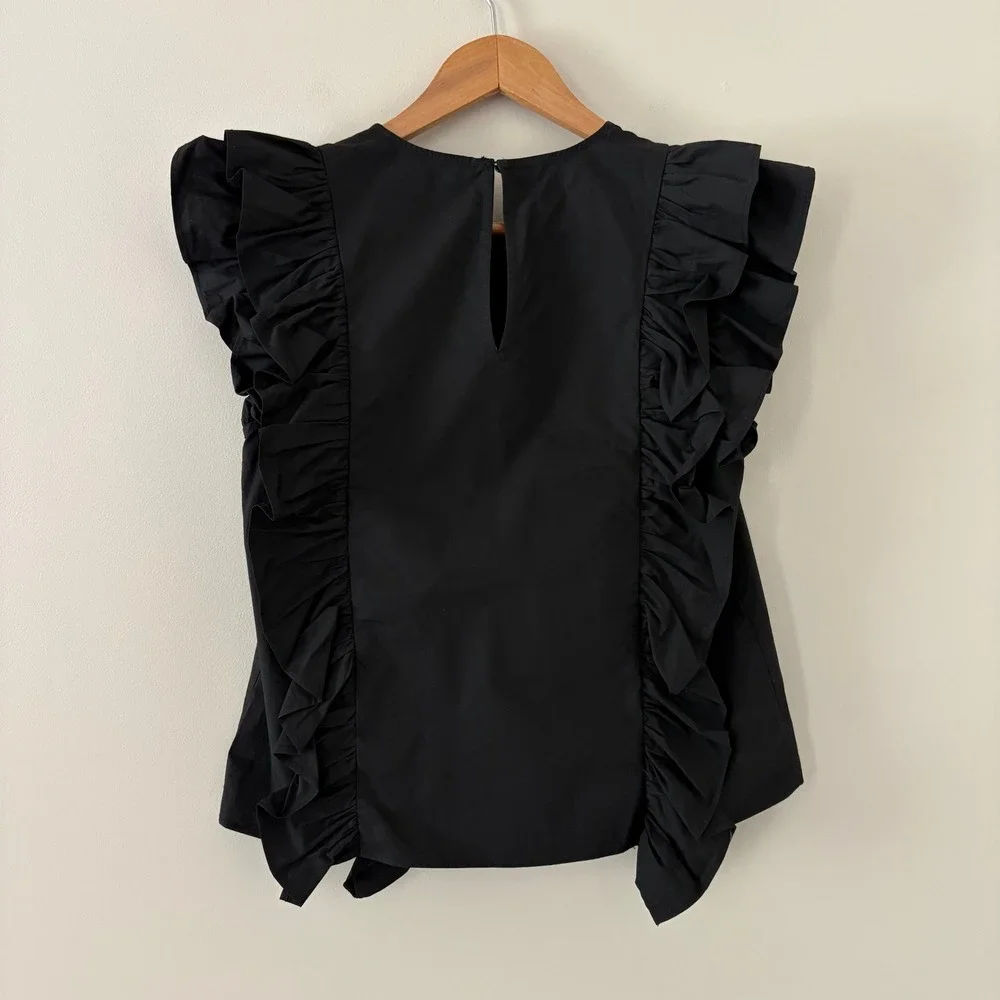 English Factory Betty Poplin Blouse S Black Ruffle Flutter Sleeve Cotton Boxy - Picture 4 of 8